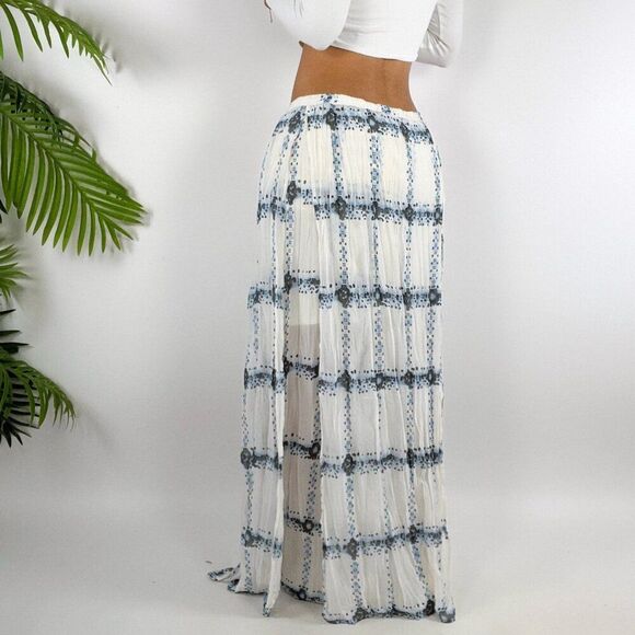 Women's Cato Blue & White Boho Coastal Chic Cottagecore Pleated Skirt / 18/20W - Picture 2 of 8